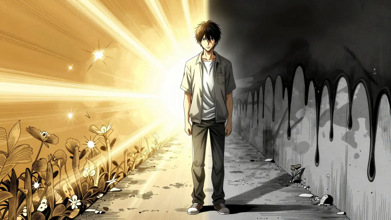 Character standing on a path split between light and shadow.