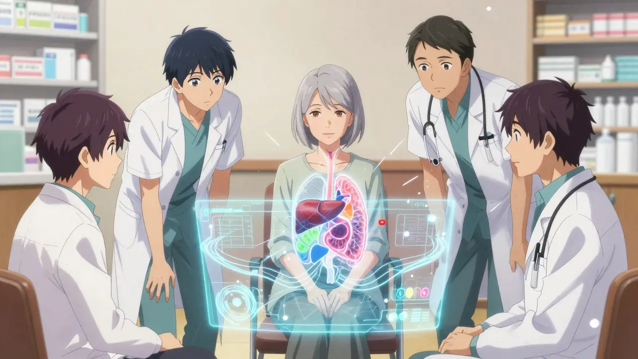 Healthcare team reviewing a glowing holographic chart of drug interactions with a calm patient at the center.