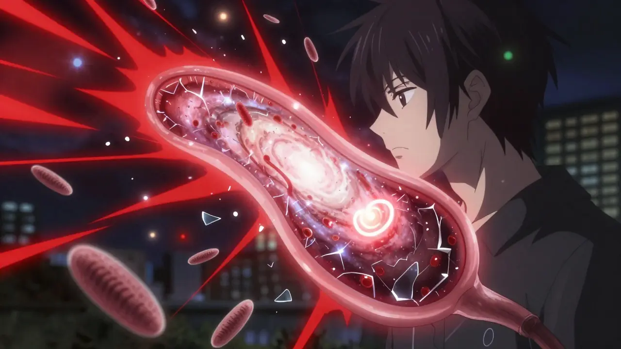 Inside a glowing cochlea, shattered hair cells lie broken under violent sound waves, symbolizing irreversible damage.