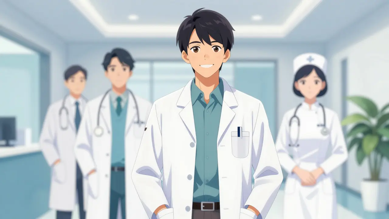 Patient smiling with healthcare team support nearby