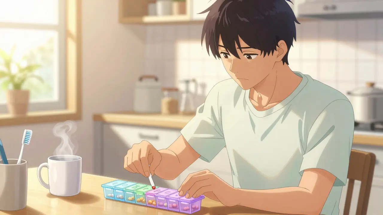 Person organizing pills into a weekly planner calmly