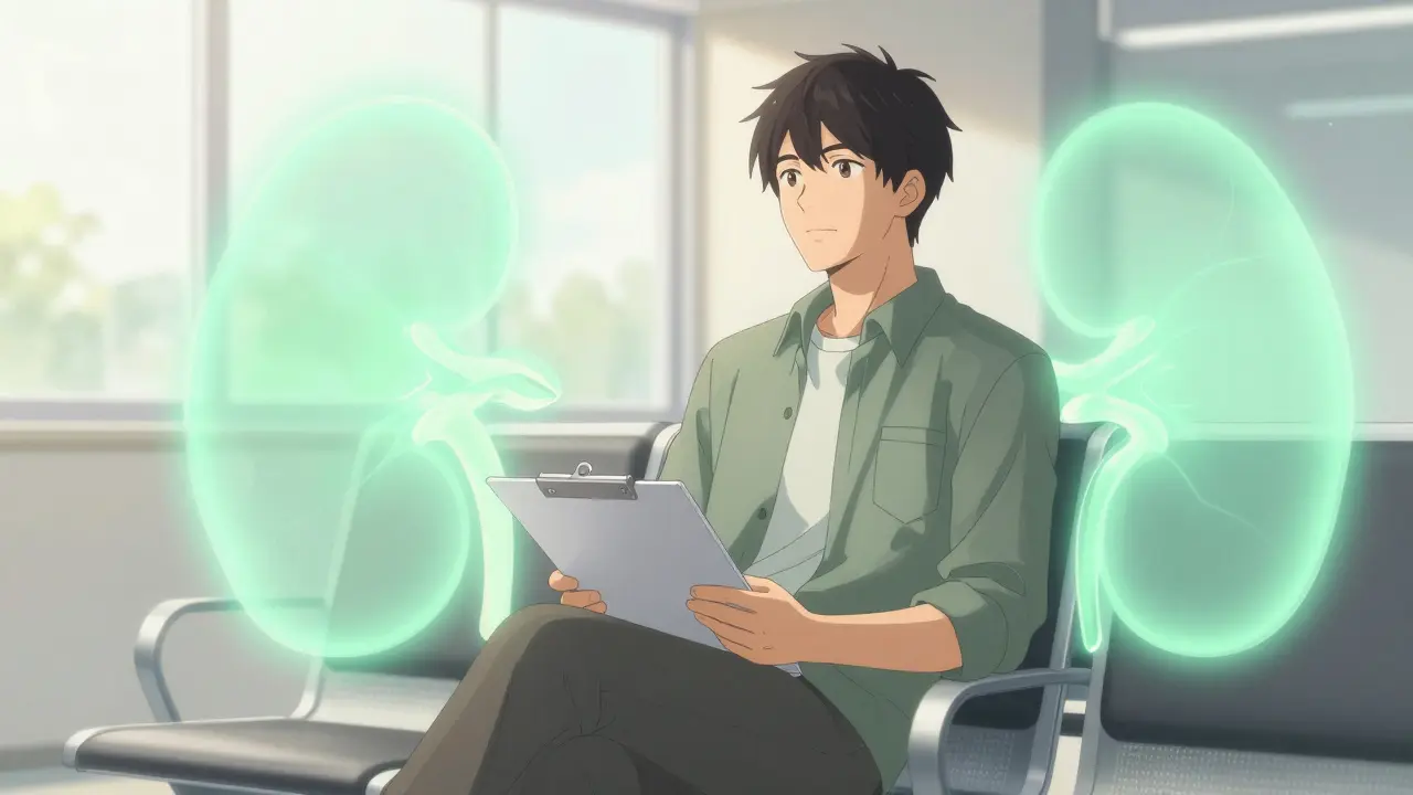 Relaxed anime man with glowing kidney aura in clinic