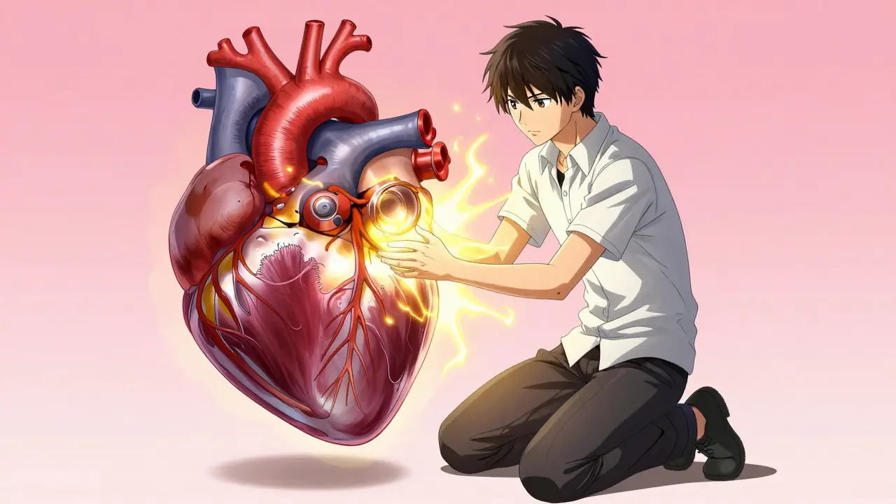Stylized glowing heart touched by energetic anime character