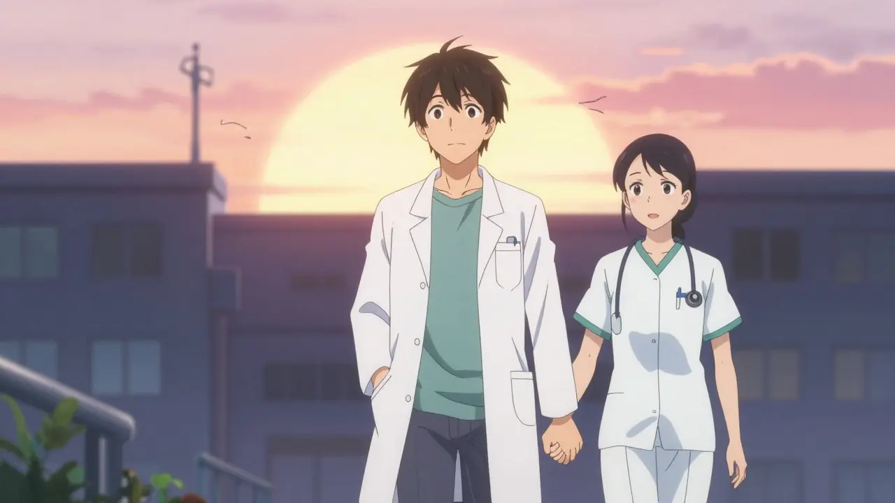 Two people walking together toward a sunrise leaving a building.