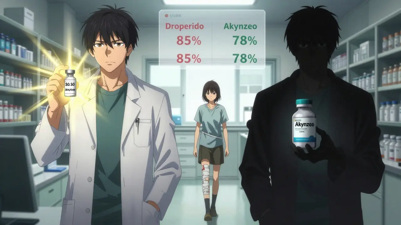 Two pharmacists comparing low-cost droperidol with expensive Akynzeo, patient walking toward light.