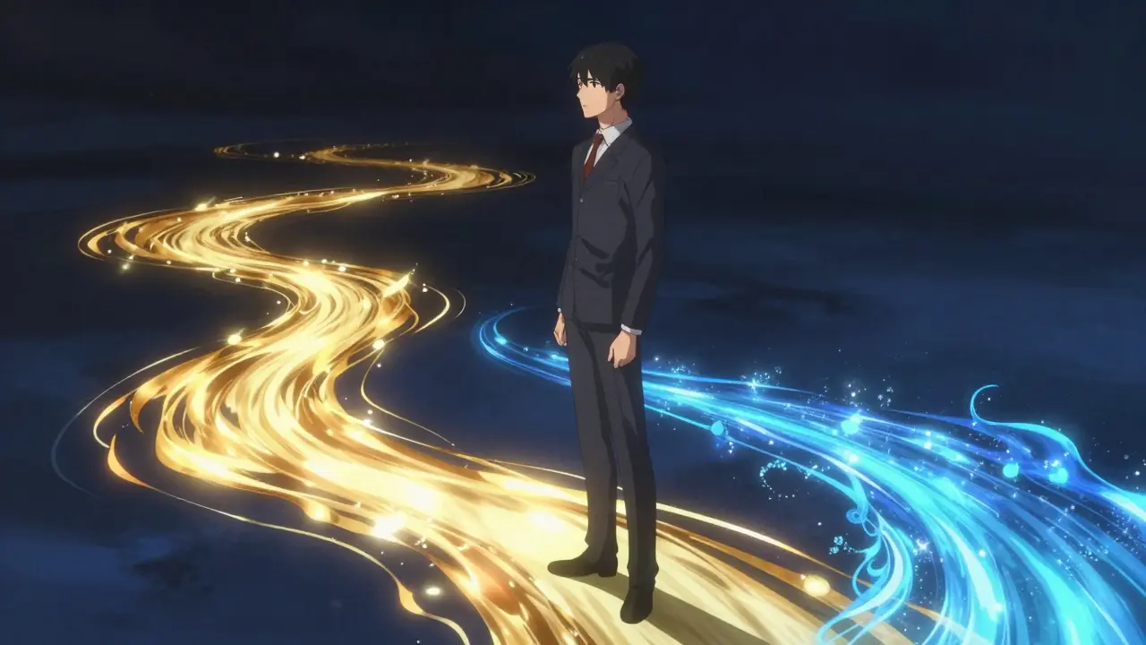 Anime man standing between two flowing streams of light representing drug stability.