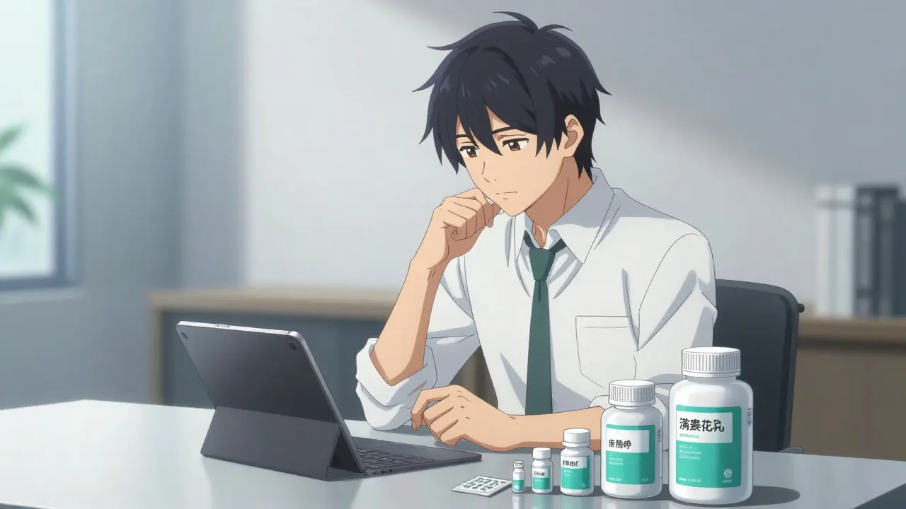 Bishounen anime man comparing bulk and small medicine bottles on a tablet