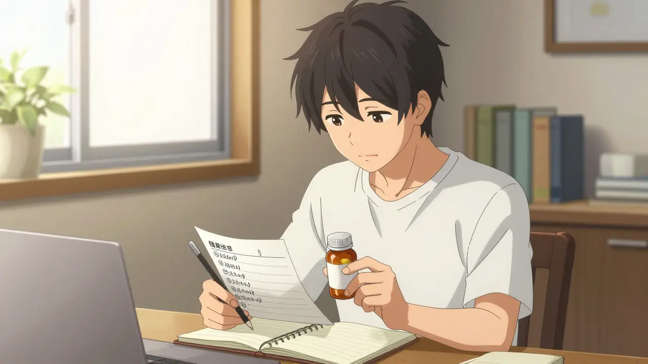 Bishounen anime man documenting his medication details in a journal by a sunny window.