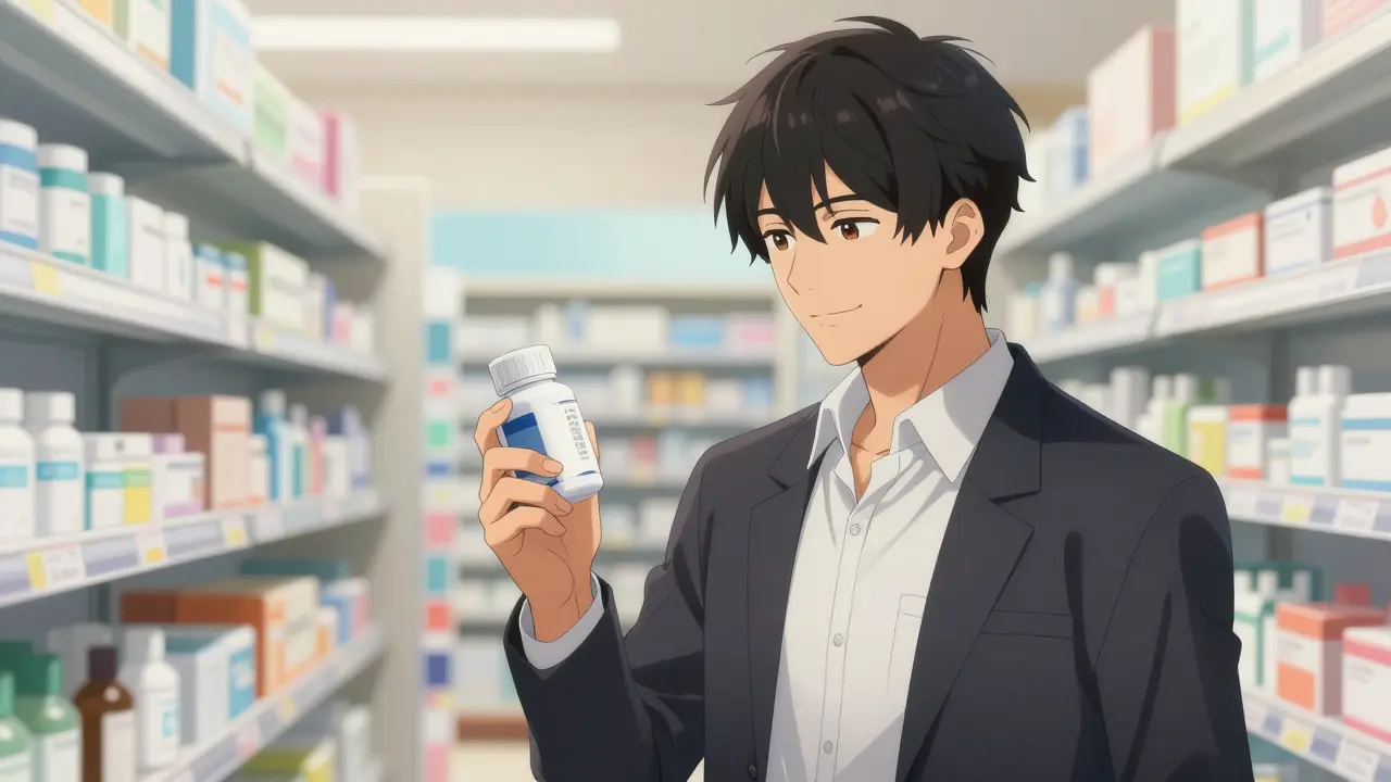 Bishounen anime man holding a generic medicine bottle in a pharmacy