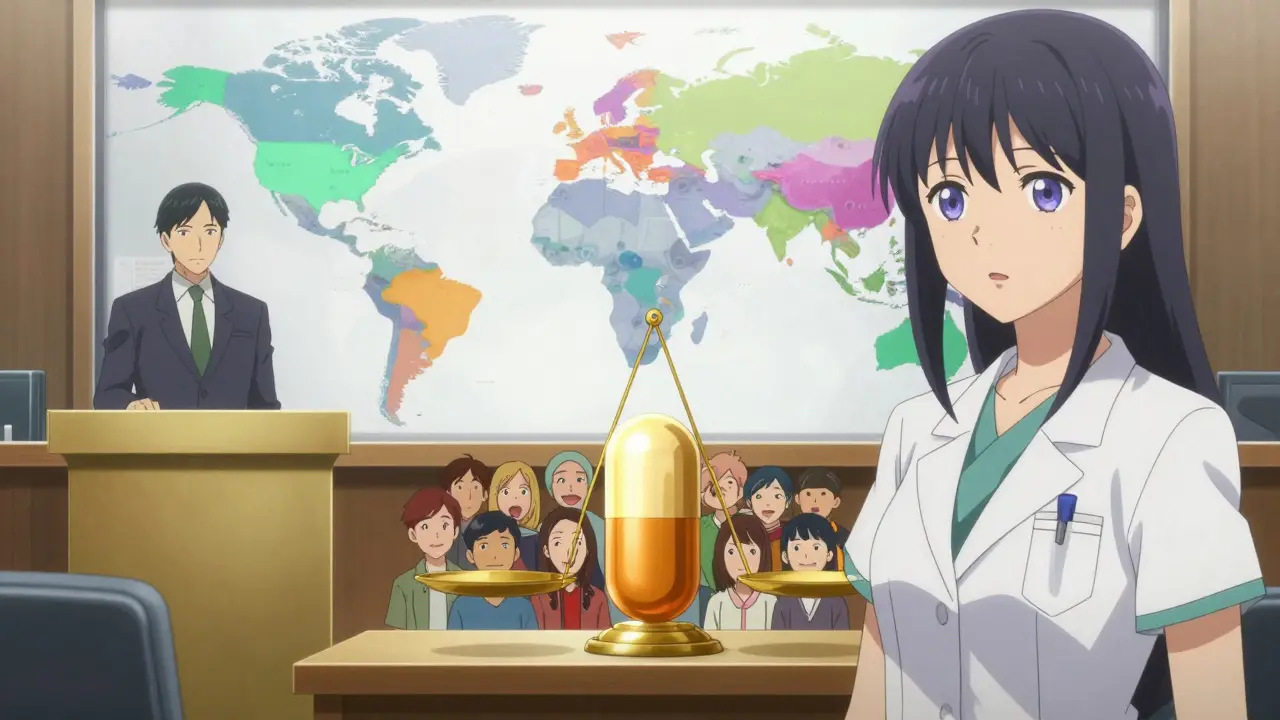 Bishounen characters in a futuristic court balancing a golden pill and patient needs.