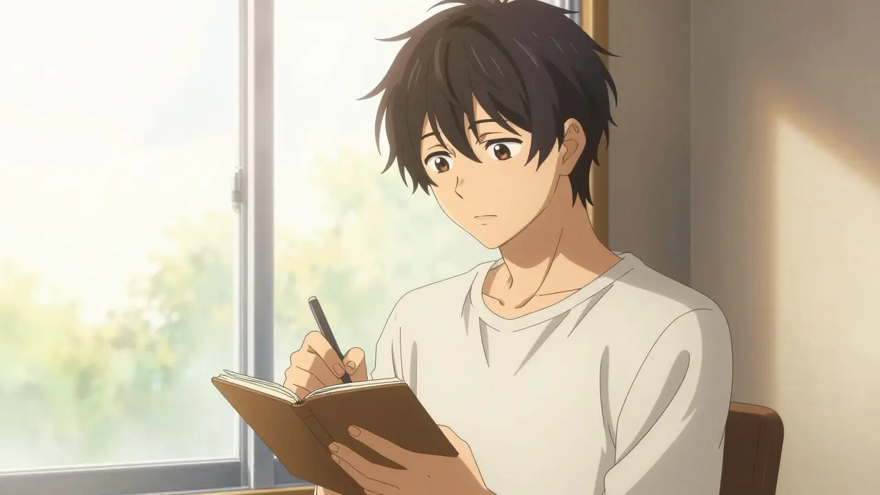 Bishounen man writing notes in a journal by a sunny window