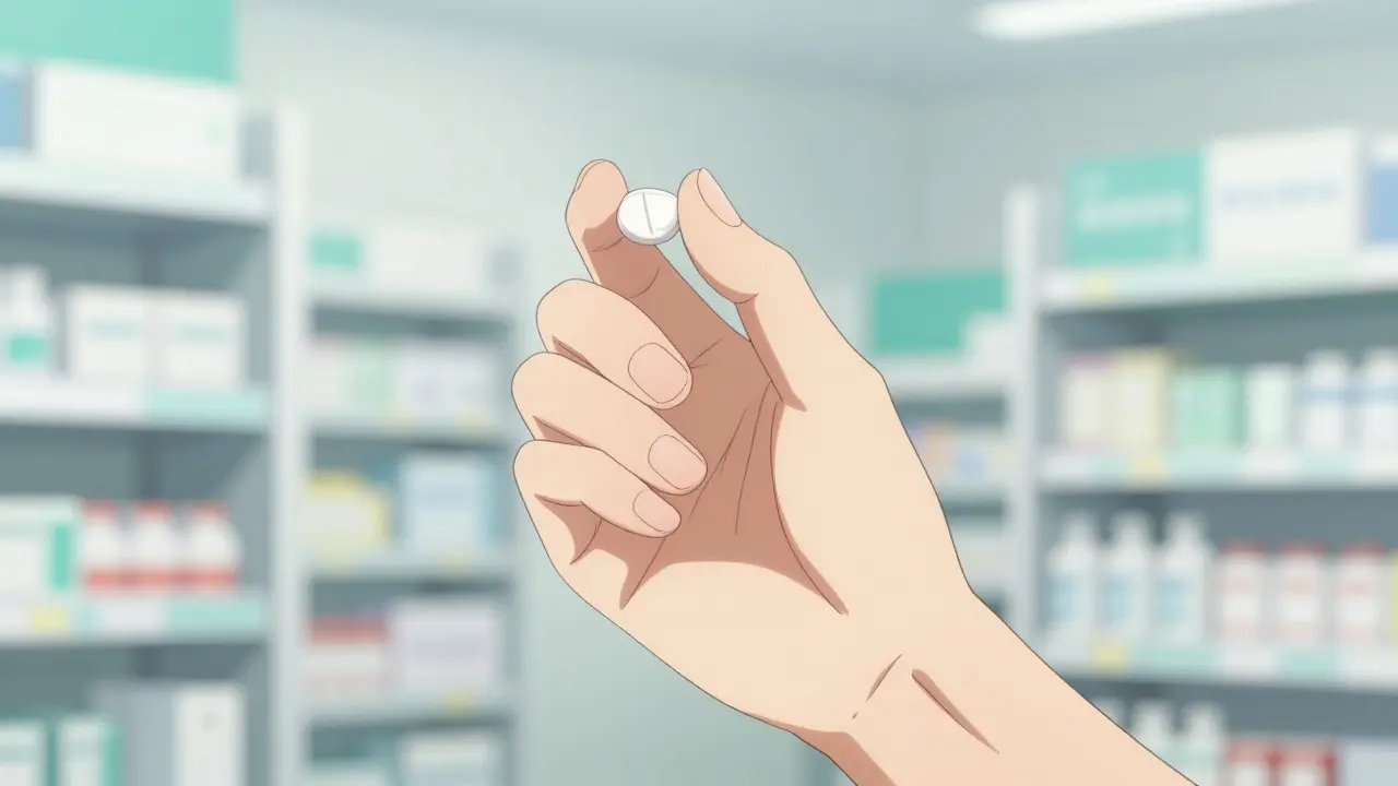 Close-up of a hand holding a small white generic pill