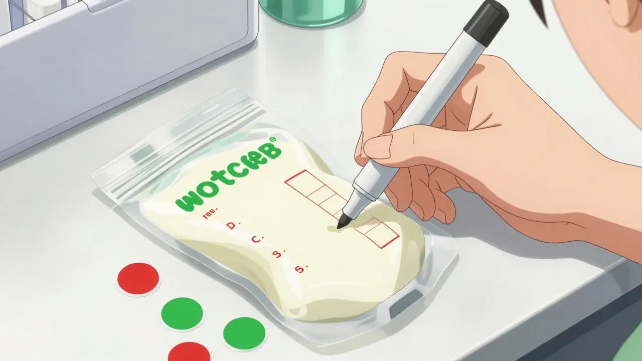 Close-up of a hand labeling breast milk bags with markers and color-coded stickers