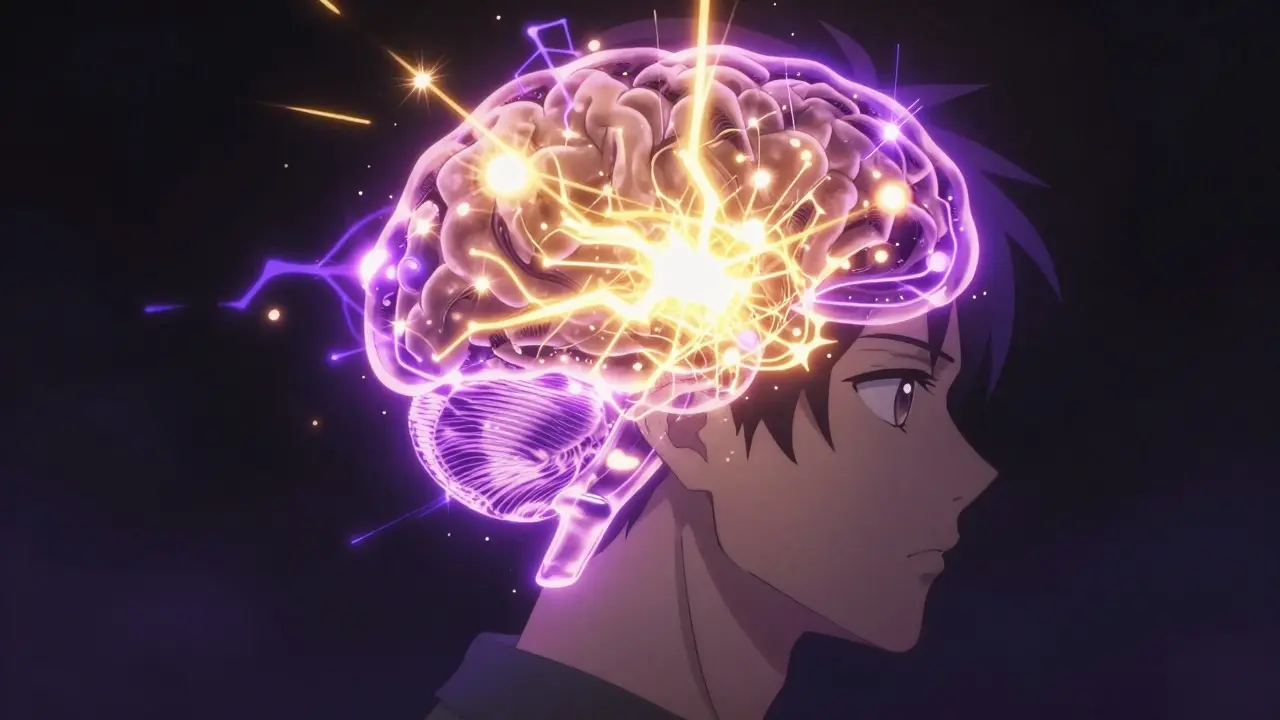 Conceptual anime art of a young man's mind with chaotic, glowing energy sparks.