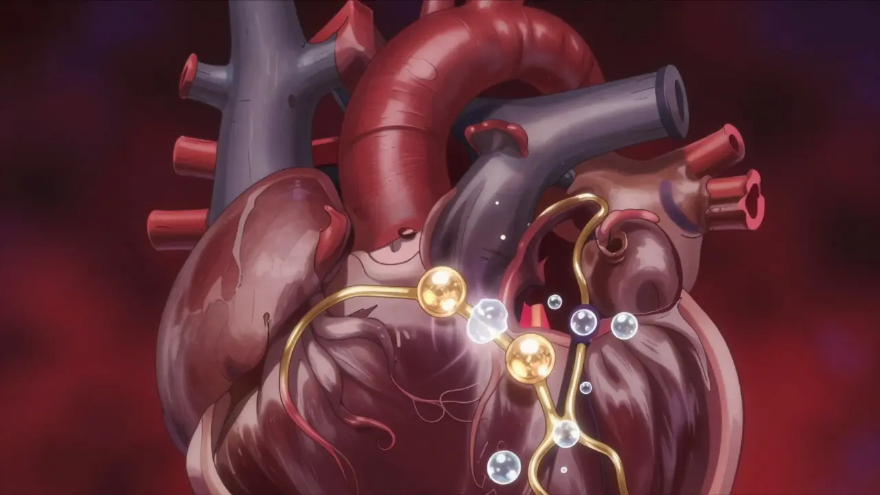 Conceptual anime view of drug particles blocking potassium channels in the heart