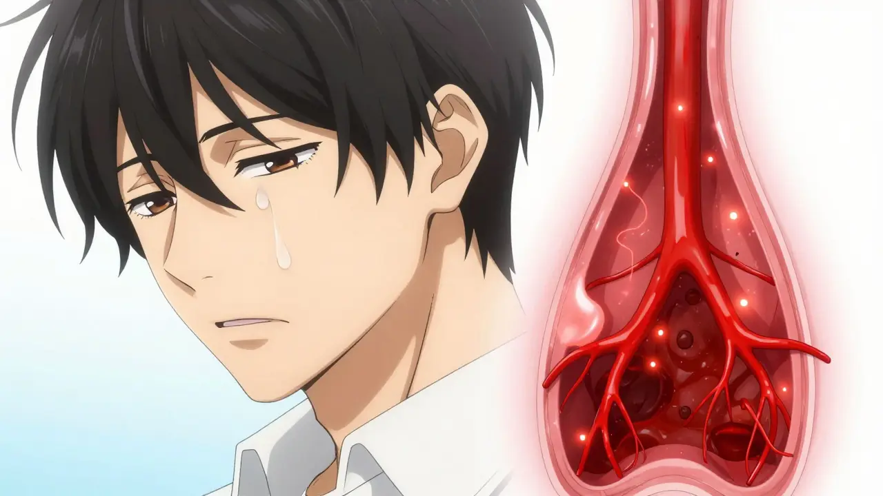 Conceptual image of a man's face and inflamed nasal blood vessels