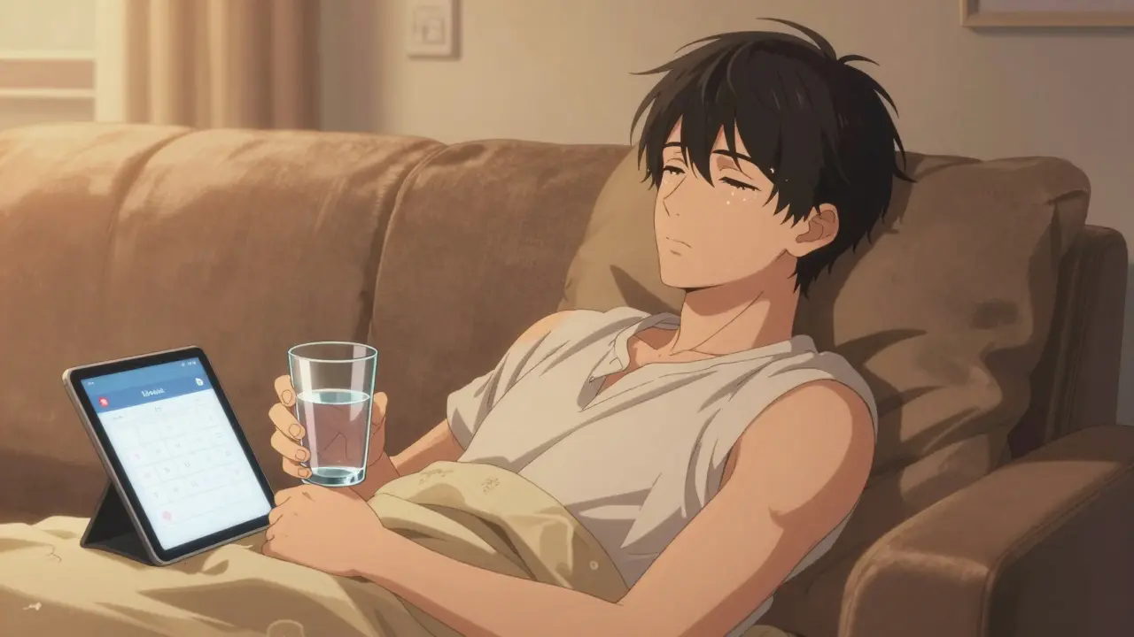 Elegant man resting on a sofa with a calendar reminder on a tablet