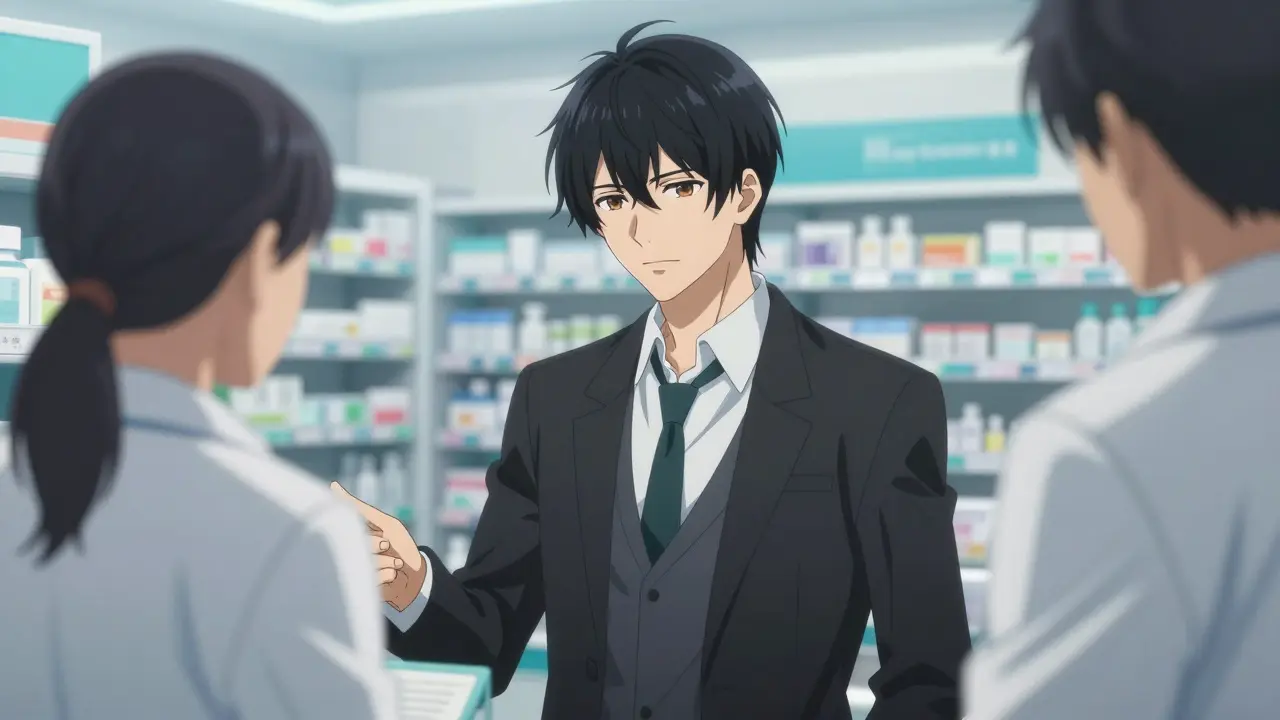 Graceful young man at a modern pharmacy talking to a pharmacist