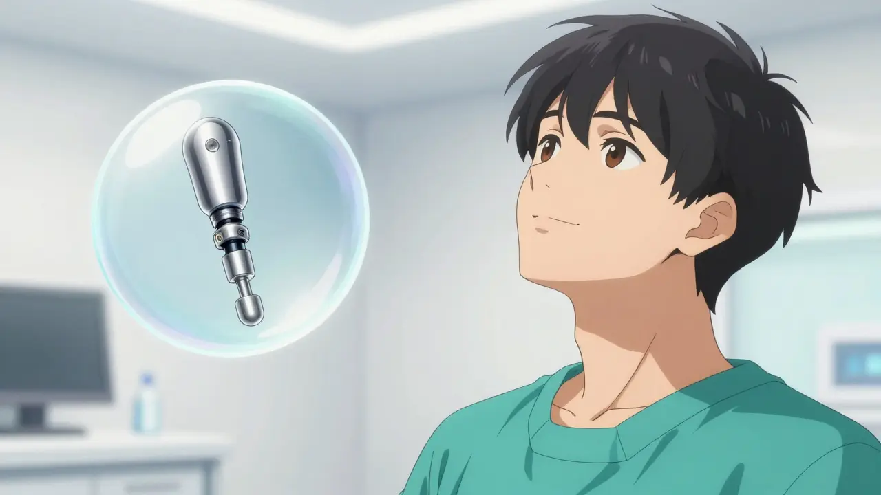 Handsome man with a serene expression in a modern clinic, symbolizing restored hearing after surgery.