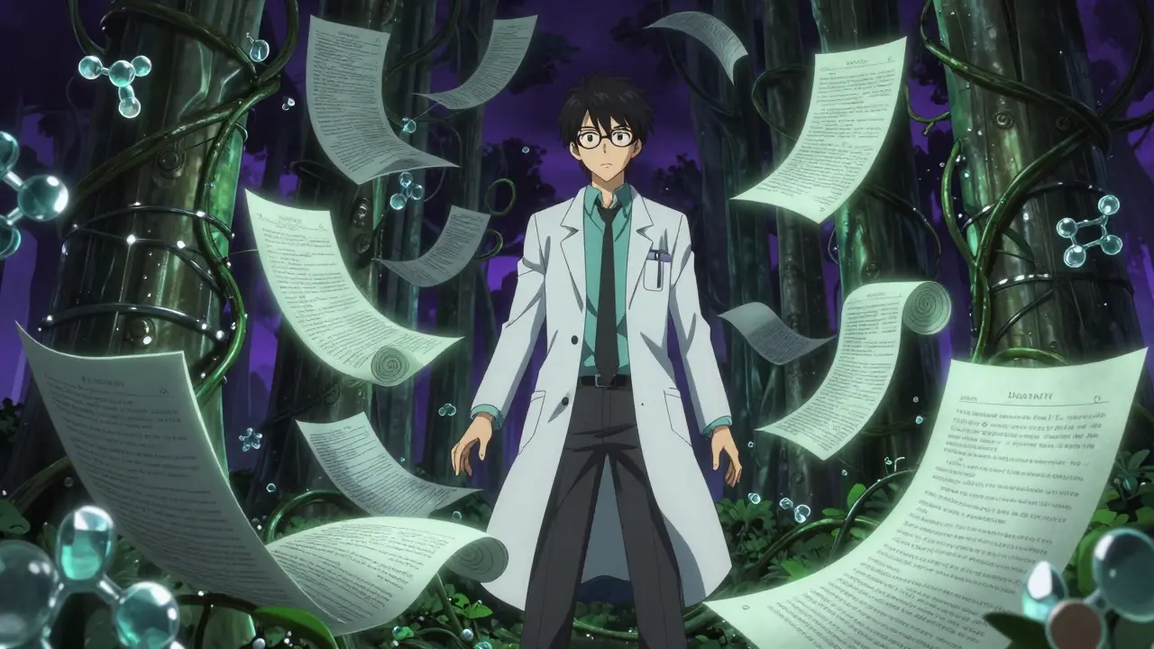 Handsome researcher trapped in a surreal forest of giant legal scrolls and crystals.