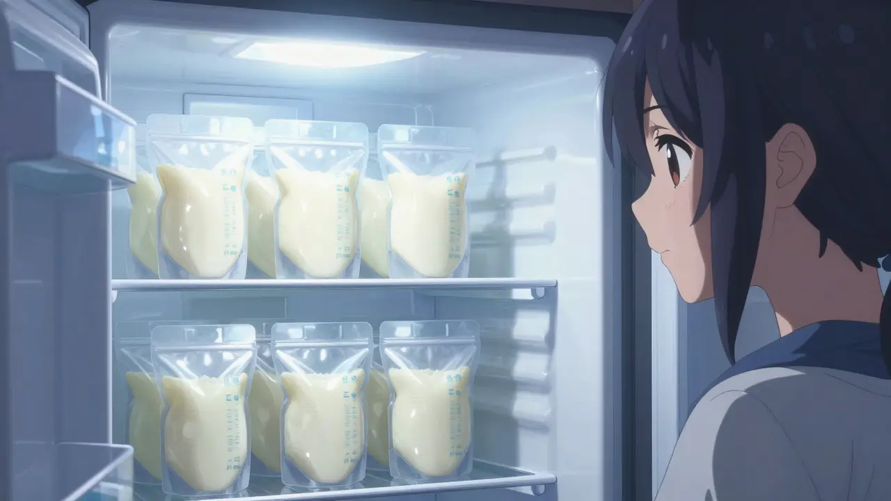 Organized frozen breast milk bags in a freezer with a smiling young man nearby