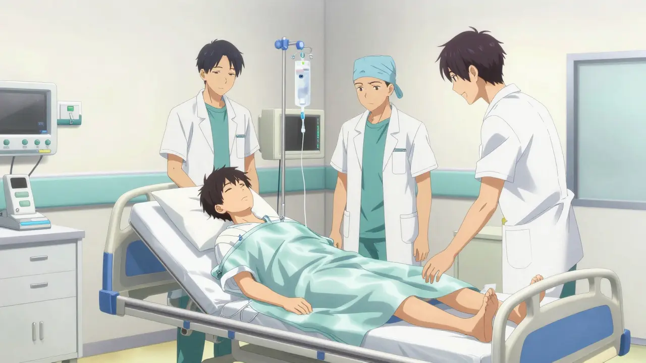 Recovering young man in a bright hospital room with medical equipment.