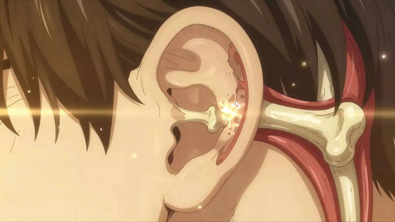 Stylized manga anatomical view of the middle ear showing abnormal bone growth fusing the stapes bone.