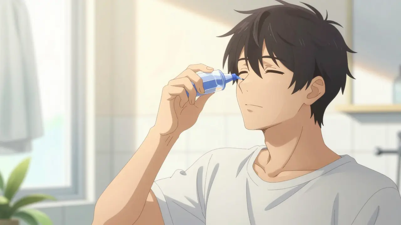 Young man calmly using a Neti pot for nasal irrigation in a bright room