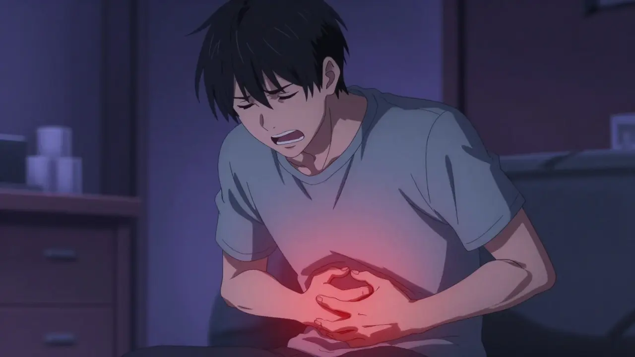 Young man with a pained expression clutching his upper stomach