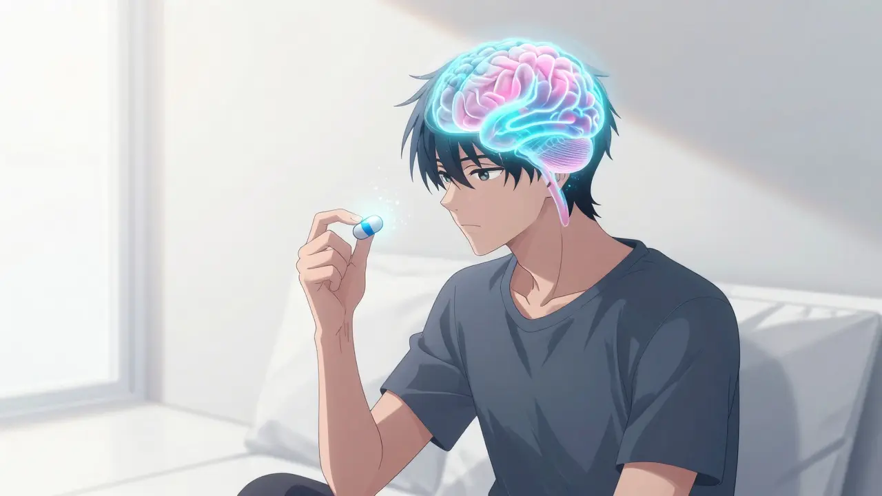 Anime character's brain lighting up from placebo effect expectations