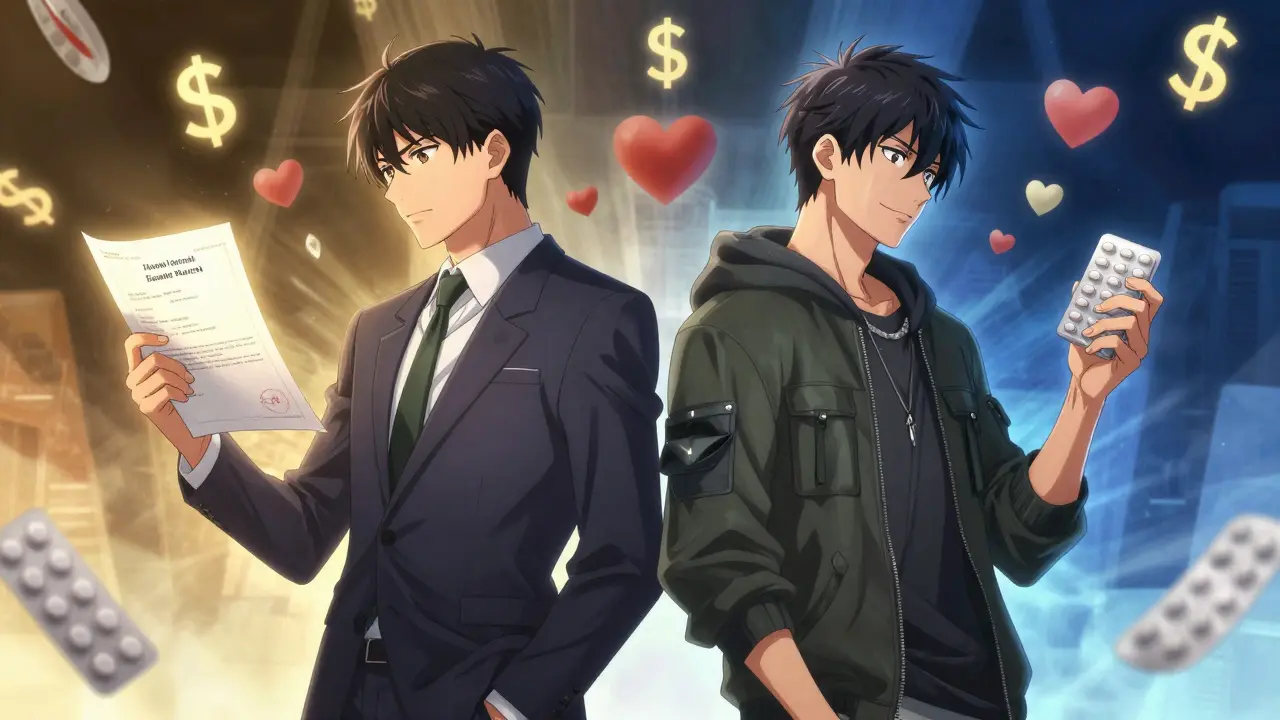 Anime characters representing brand and generic drug makers balancing patents and savings.