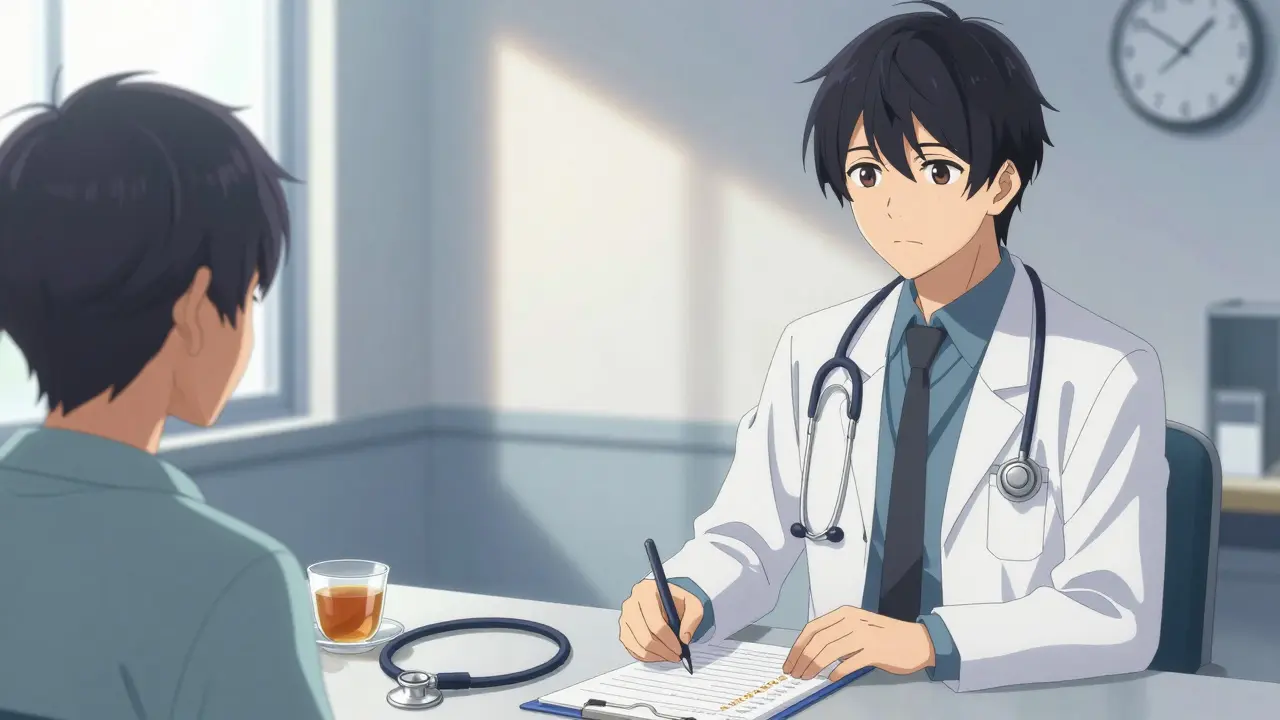 Anime doctor and patient discussing a list of herbal teas in a bright clinic.