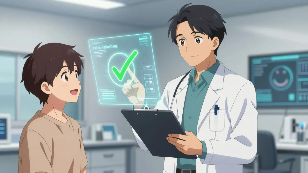 Anime doctor showing positive test results to relieved patient