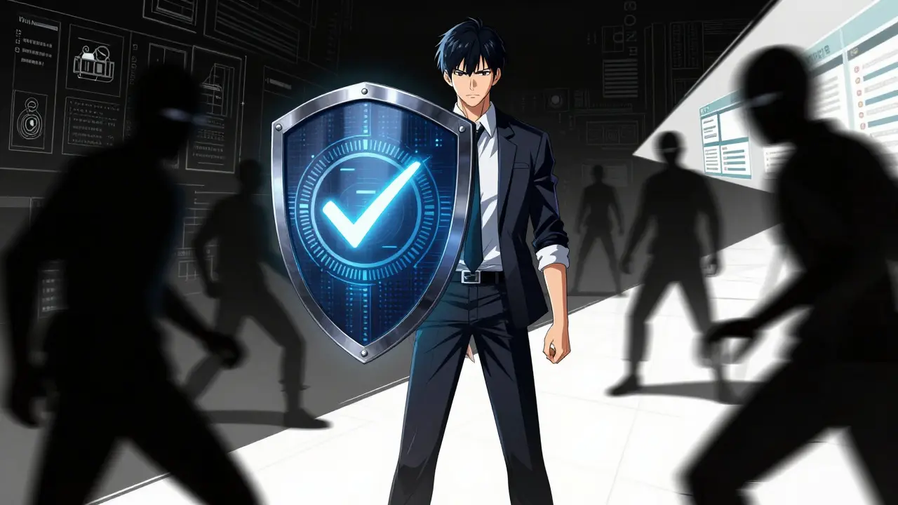Anime man protected by digital shield against online pharmacy scams and risks