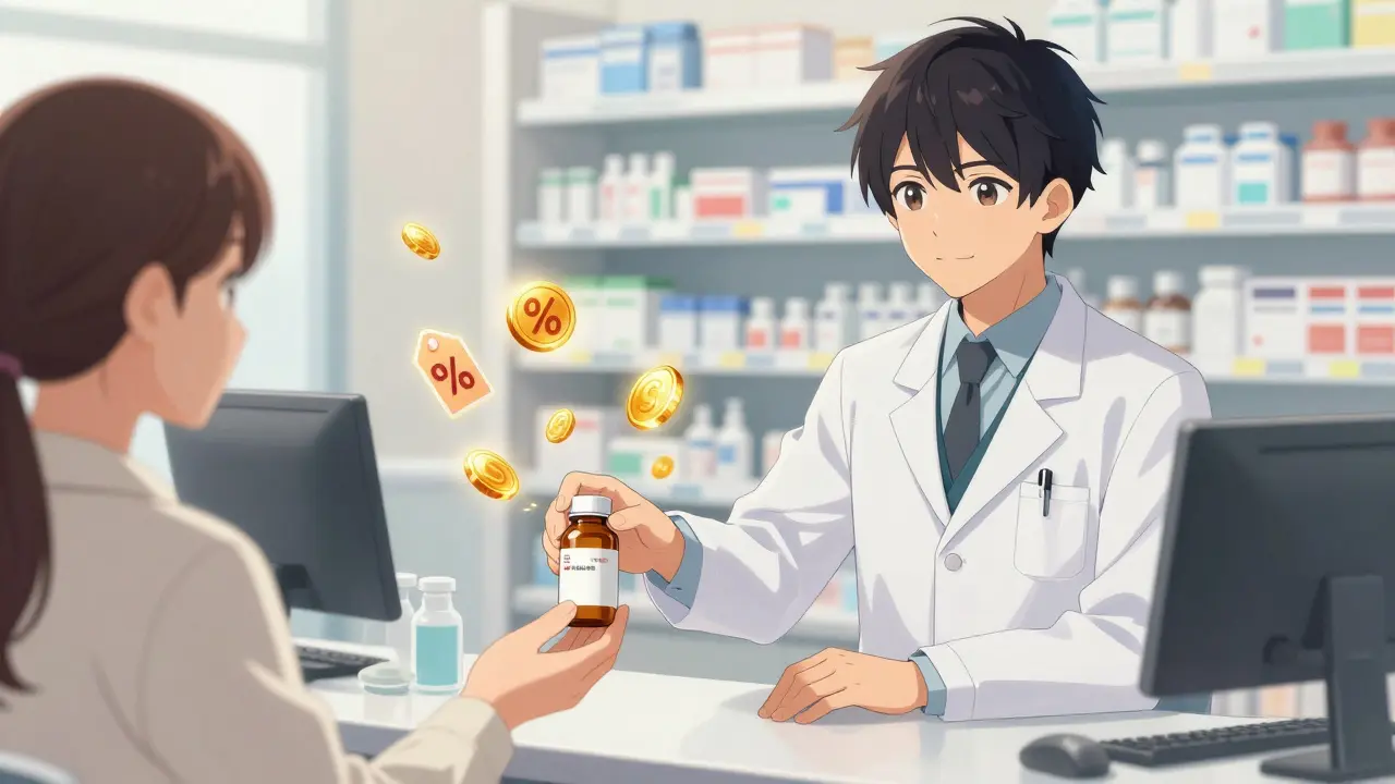 Bishounen style pharmacist handing generic meds with floating savings symbols