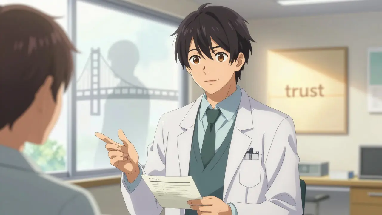 Charismatic anime doctor explaining generic drug efficacy to patient