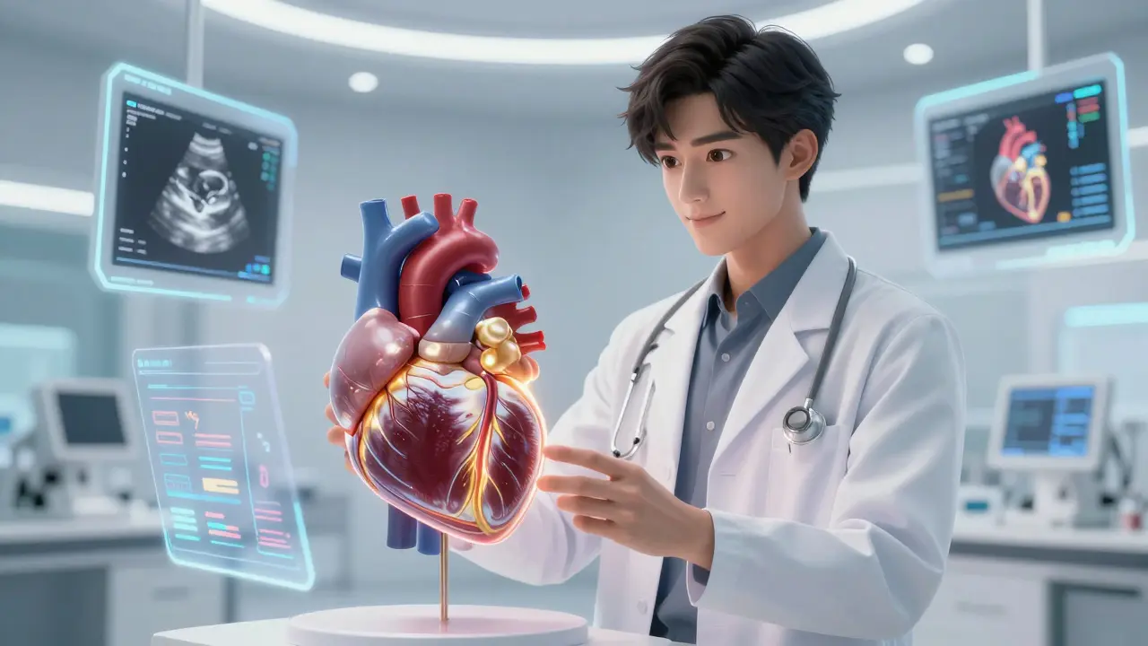 Future tech doctor analyzing hybrid heart data