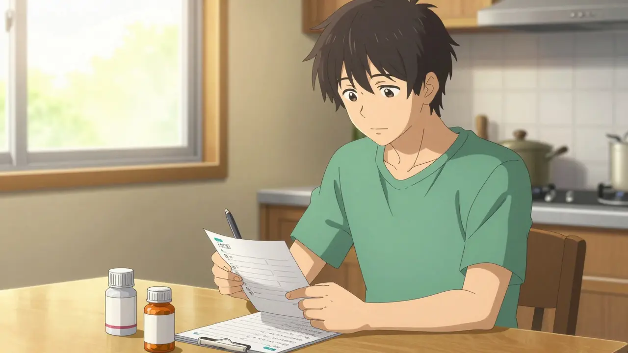 Man safely organizes medications at sunny kitchen table