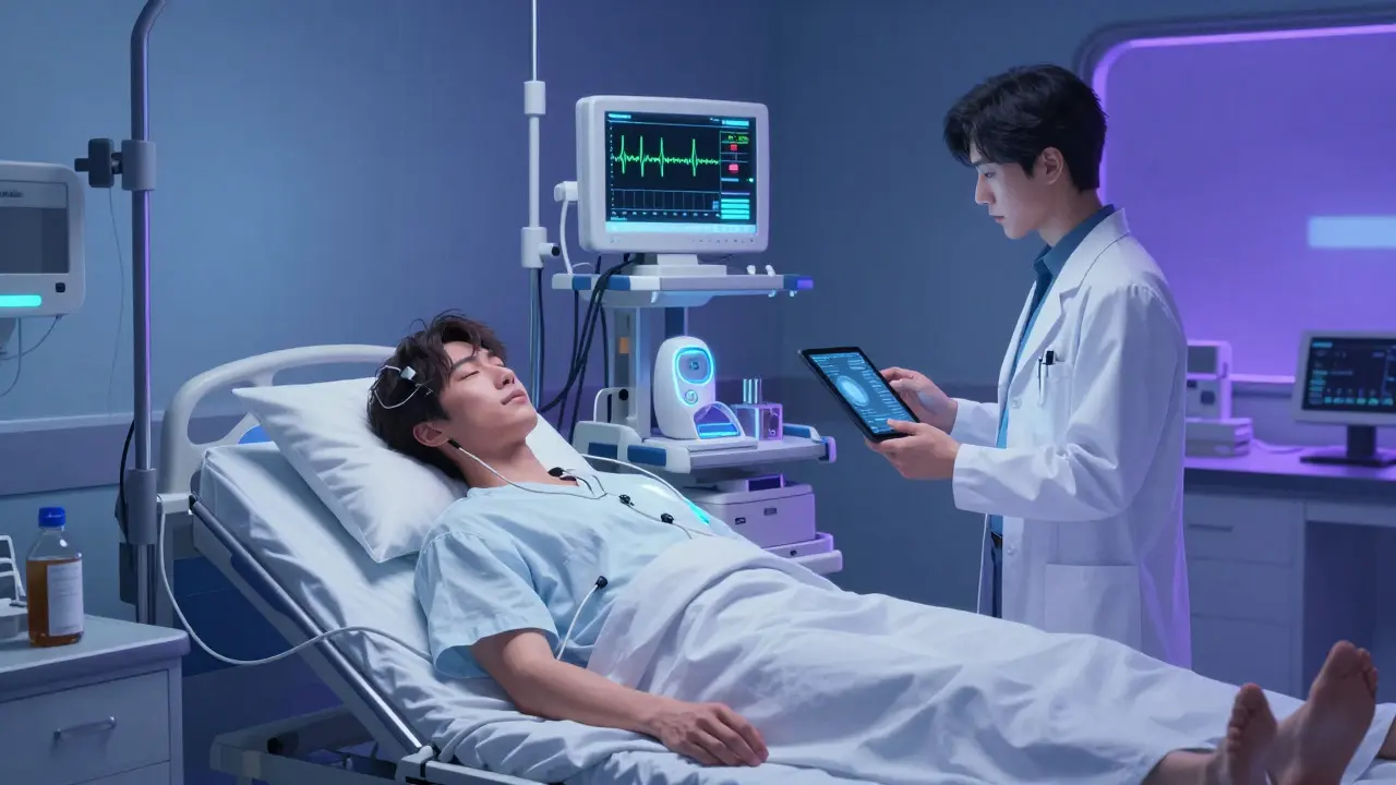 Patient undergoing sleep study monitoring in a lab