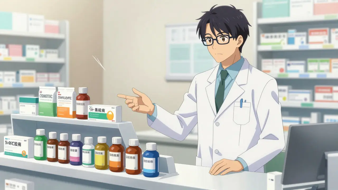 Pharmacist presenting laxative medications, anime art