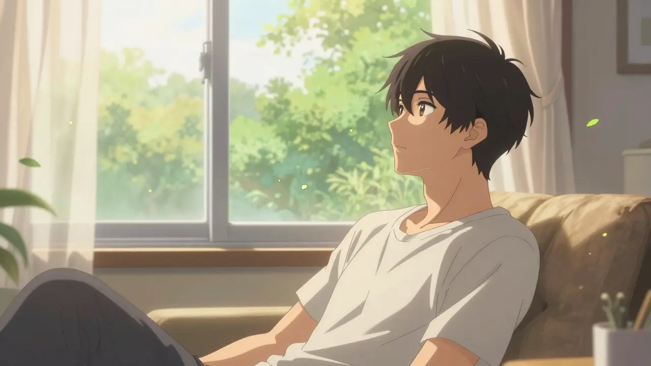 Relaxed young man looking out window to rest his eyes naturally