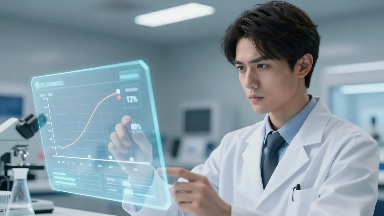 Stylish anime scientist reviewing bioequivalence data on a holographic screen in a lab.