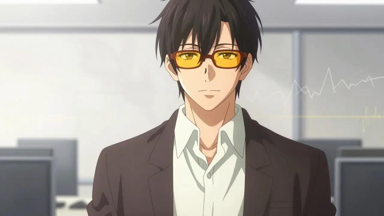 Stylish man wearing amber glasses showing color distortion effect
