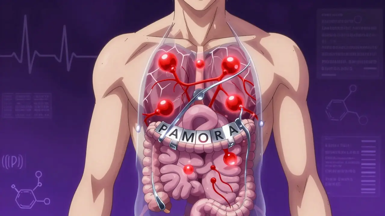 Stylized anatomy showing gut receptors and drugs