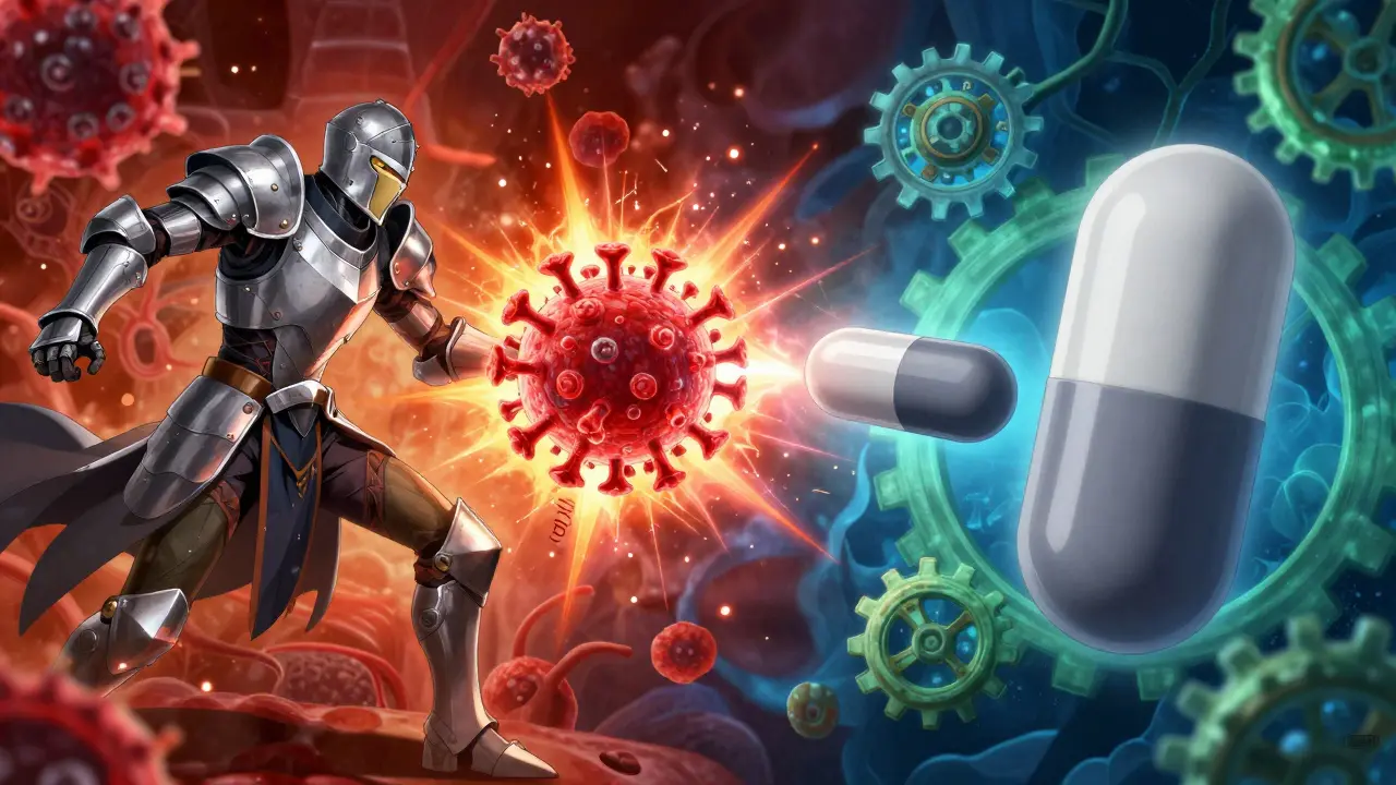 Stylized anime art contrasting immune attack vs mild reaction