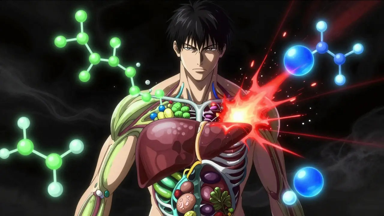 Stylized anime man surrounded by glowing molecular symbols of drug interactions.