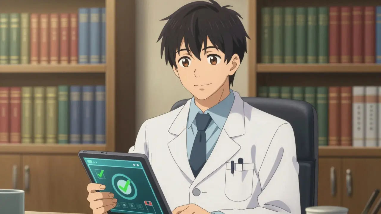 Trustworthy anime doctor verifying safe online prescription process