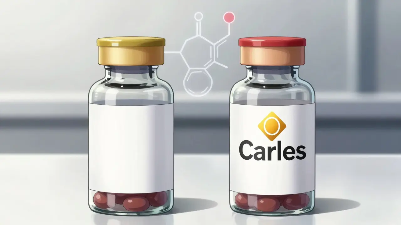 Two medicine bottles showing generic vs brand equivalence in anime style