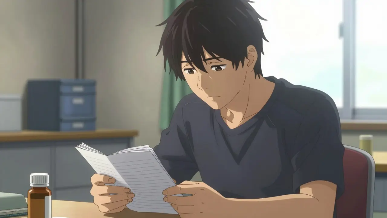 Young anime man reviewing his medication diary and health symptoms at home