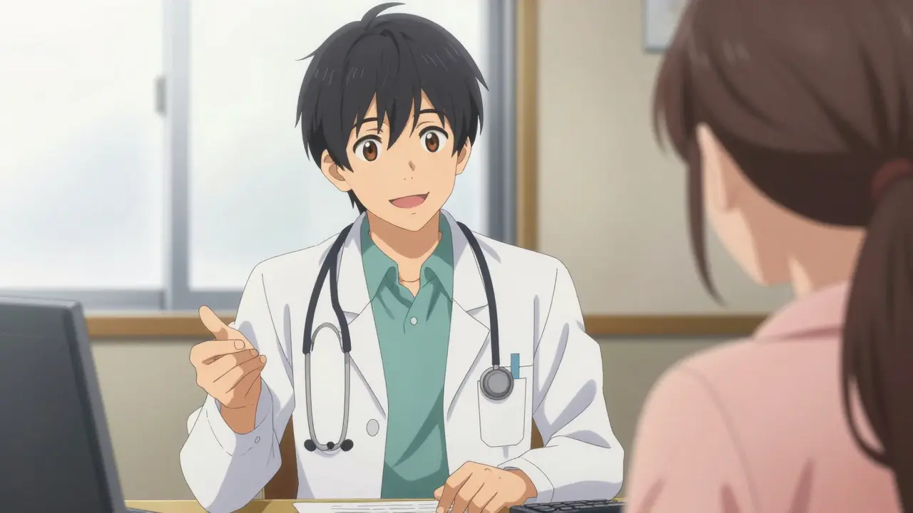 A charming young healthcare provider in anime bishounen style, warmly explaining medication dosage with a trustworthy smile and professional demeanor.